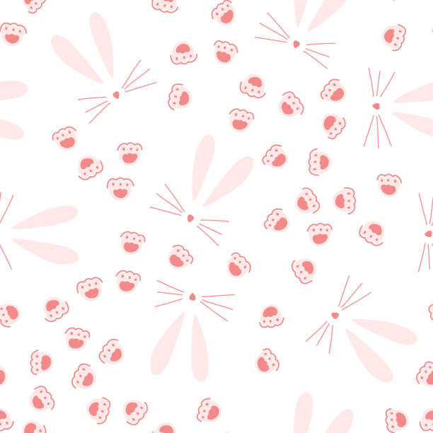 ilustrações de stock, clip art, desenhos animados e ícones de seamless pattern with hand drawn easter bunny and paw prints in cartoon flat style on white background. vector illustration of spring texture with cute rabbit ear, nose, mustache and footprint - seamless padding backgrounds wallpaper