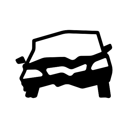 Broken damaged car icon. Wrinkled transport after the accident. Black silhouette. Front view. Vector simple flat graphic illustration. Isolated object on a white background. Isolate.