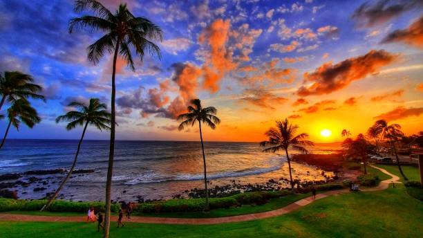 Kauai Pacific Ocean Sunset View Beautiful Garden Island Hawaii Hawaiian Paradise stock photo