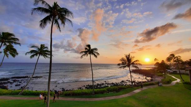 Kauai Pacific Ocean Sunset View Beautiful Garden Island Hawaii Hawaiian Paradise stock photo