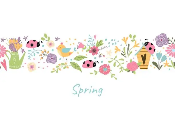 Vector illustration of Spring border. Spring seamless flower border with colorful daisies, bird, insect, ladybug, birdhouse. Repeated floral border, repeated pattern. Summer vector illustration.