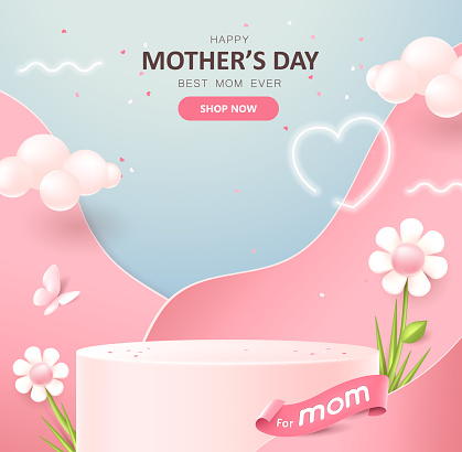 Happy Mothers day promotion poster banner background layout with product display cylindrical shape