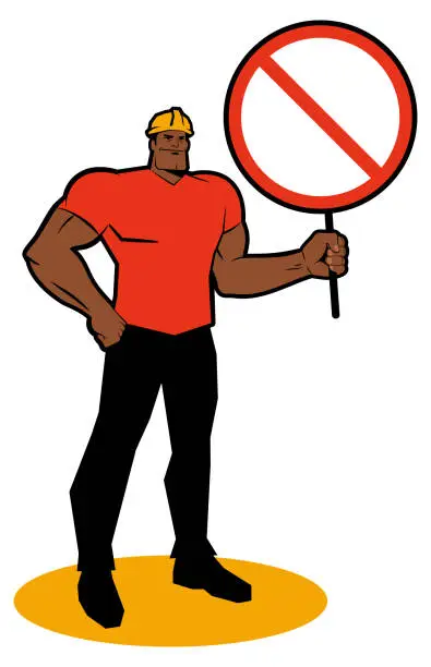 Vector illustration of A strong worker wears a hard hat and stands with one fist on his hip and shows a prohibition sign (Safety Warnings)