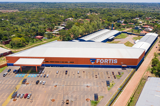 Coronel Oviedo, Paraguay - February 01, 2022: Aerial view of the newly opened Fortis market in Coronel Oviedo where Paraguayans can shop for cheap.
