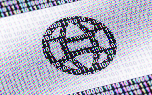 Globe icon in display with binary code ( array of bits ). 3D Illustration.