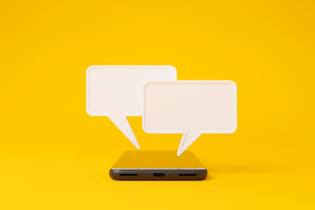 istock Mobile smartphone and speech bubble chat on yellow background. Online live chat chatting on application communication digital media website and social network. 3d rendering illustration 1390765413