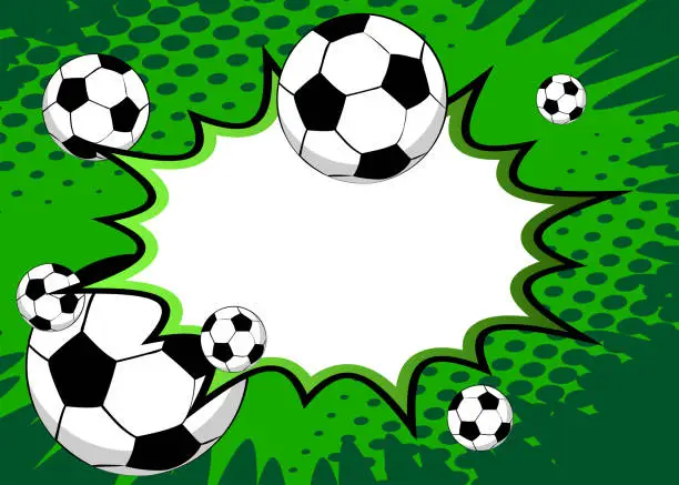 Vector illustration of Comic book poster with football ball. Soccer balls on comics backdrop.