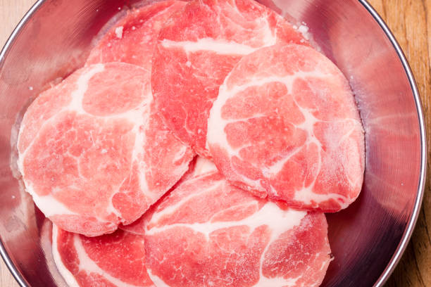Raw pork on plate, Korean traditional style fresh pork beef belly BBQ, Japanese meat hot pot or Shabu in the restaurant, barbecue food
