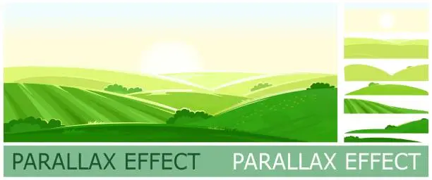Vector illustration of Sunny rural landscape. Image from layers for overlay with parallax effect. Green grassy hills, farm fields, meadows and pastures. Bright summer sun, controside panorama. Vector