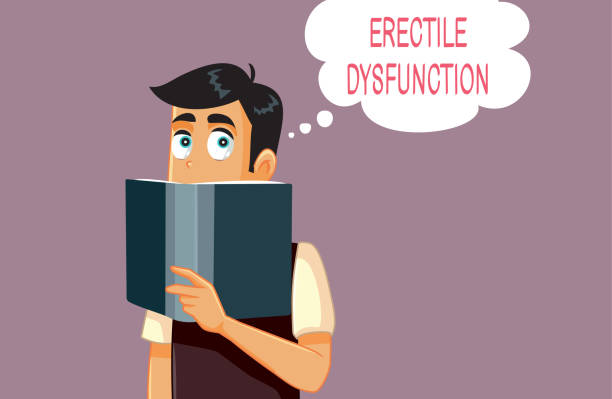 ilustrações de stock, clip art, desenhos animados e ícones de man reading more about erectile dysfunction vector illustration - erectile dysfunction