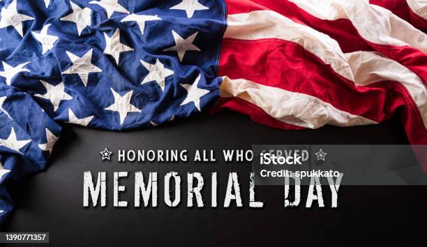 Happy Memorial Day Independence Day Concept Made From American Flag With The Text On Dark Background Stock Photo - Download Image Now