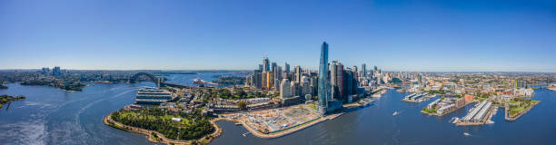 Panoramic wide aerial drone view of Sydney City on a sunny day stock photo