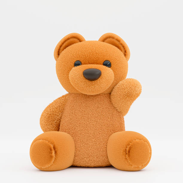 illustrazione di rendering 3d di un simpatico orso giocattolo marrone con la mano che ondeggia. - doll foto e immagini stock