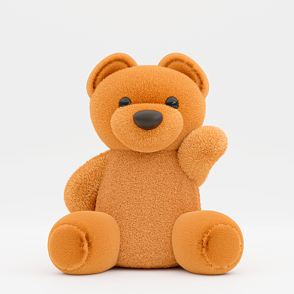 3D rendering illustration of a cute brown toy bear with waving hand on white background.