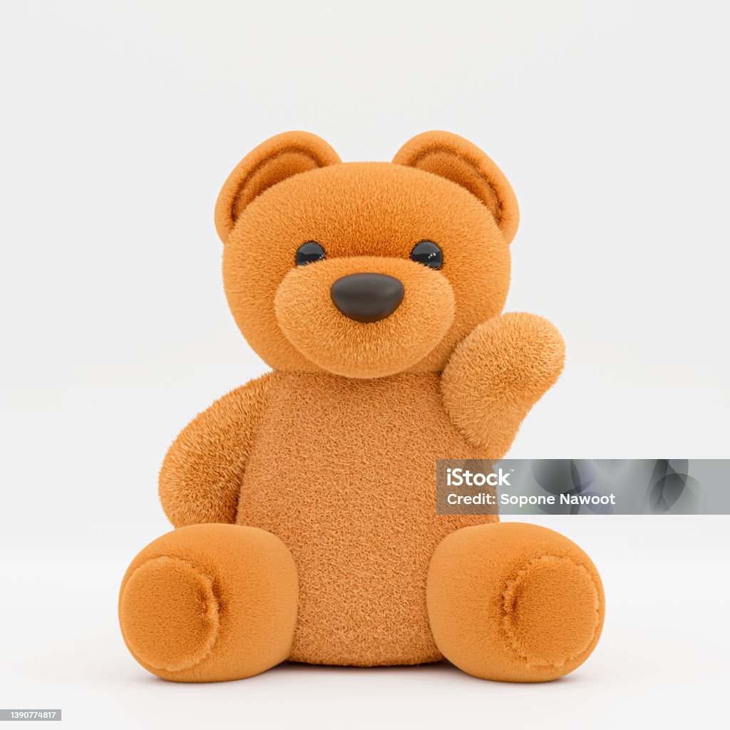 3D rendering illustration of a cute brown toy bear with waving hand. 3D rendering illustration of a cute brown toy bear with waving hand on white background. Toy Stock Photo