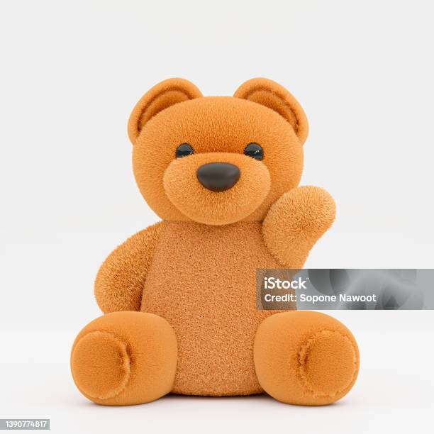 3d Rendering Illustration Of A Cute Brown Toy Bear With Waving Hand Stock Photo - Download Image Now