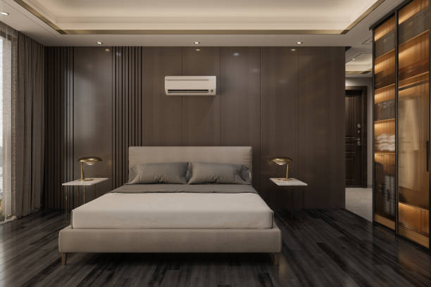 moderno interno della camera da letto con vista frontale sul letto matrimoniale, aria condizionata e comodini - letto matrimoniale foto e immagini stock