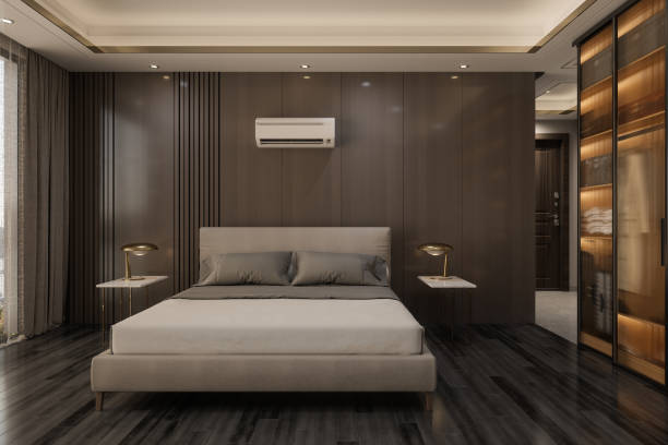 istock Modern Bedroom Interior With Front View Of Double Bed, Air Conditioner And Night Tables 1390776005