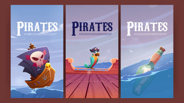 ilustraciones, imágenes clip art, dibujos animados e iconos de stock de cartel de piratas con barco, loro y botella en el mar - storm pirate sea nautical vessel