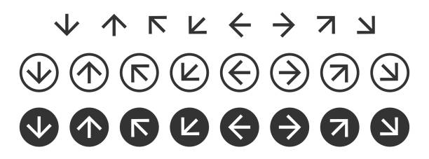 ilustrações de stock, clip art, desenhos animados e ícones de direction arrows icon. circle arrow symbol. sign app button vector. - downgrade