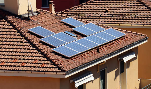 Solar Panels for renewable electrical energy production. Alternative energy concept stock photo