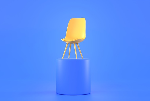 Yellow office chair stand on high blue podium. We are hiring banner, concept of search and recruiting employees. Illustration about job vacancy, hire staff, vacant seat for success career, 3d render.