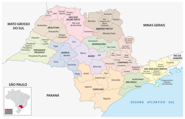 карта промежуточных и ближайших географических регионов сан-паулу, бразилия - santos stock illustrations