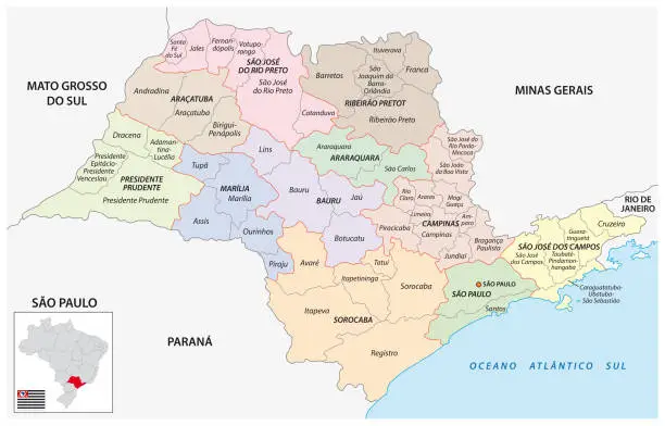 Vector illustration of Map of intermediate and immediate geographic regions of Sao Paulo, Brazil