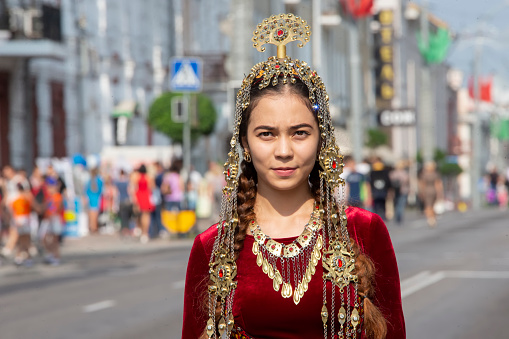Belarus, city of Gomil, September 15, 2018. City holiday. Kazakh girl in national costume.