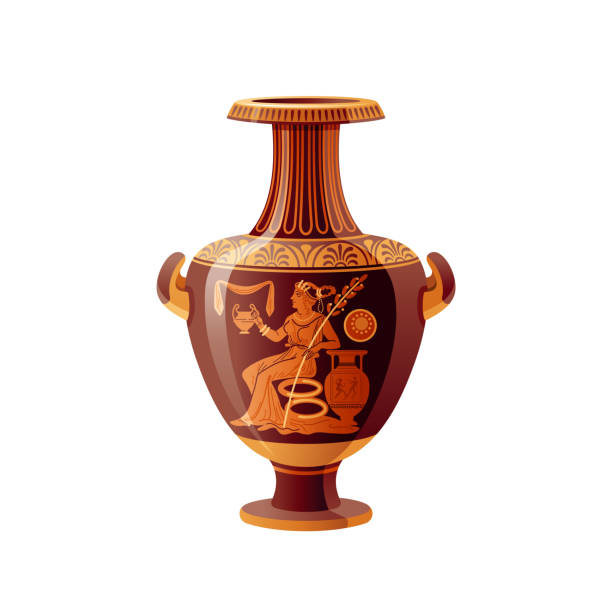istock Greek vase. Ancient pottery vector. 3d antique amphora. Greece mythology. old ceramic art painting. Myth jug, roman urn pattern. Vintage pot, jar. Classic red figured greek vase with Demeter goddess 1390782451