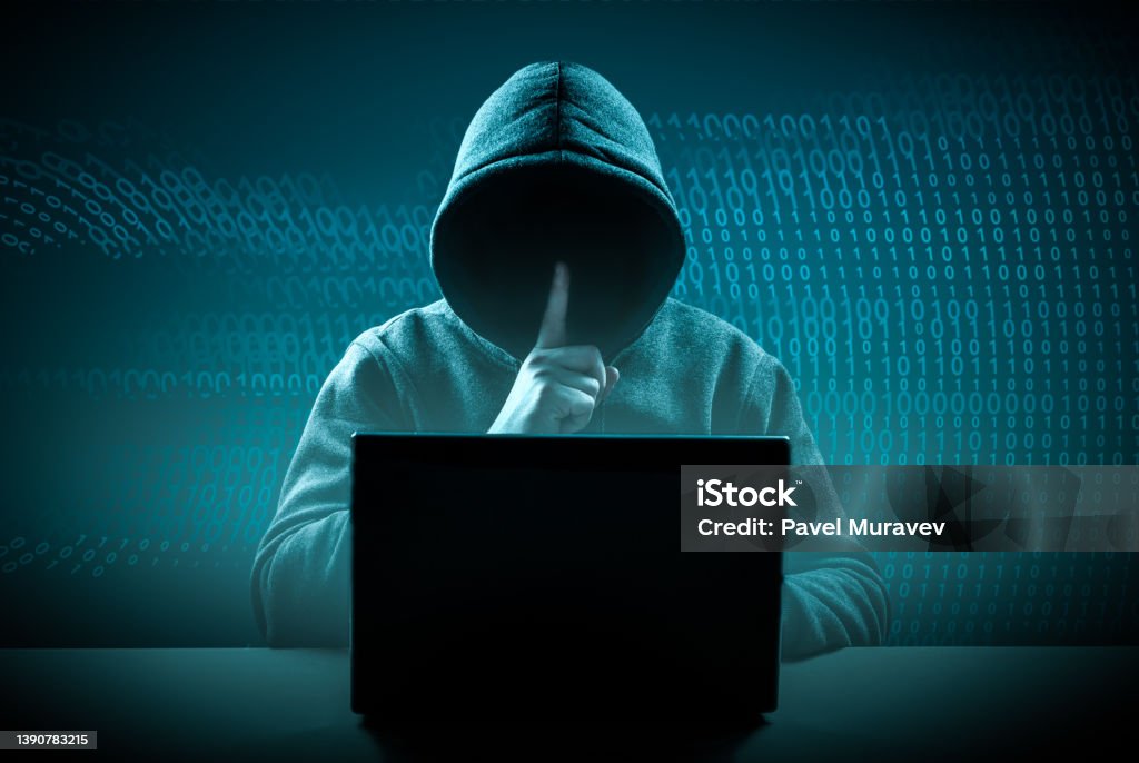 faceless hooded hacker showing silence gesture. Cyber attack, system breaking and malware. Internet crime and electronic banking security. dark digital background - Royalty-free Dark Web Stok görsel