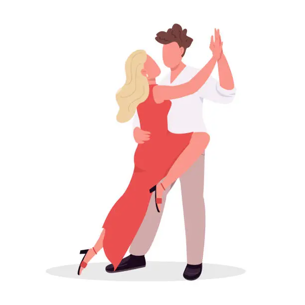 Vector illustration of Couple learning tango dance style semi flat color vector characters