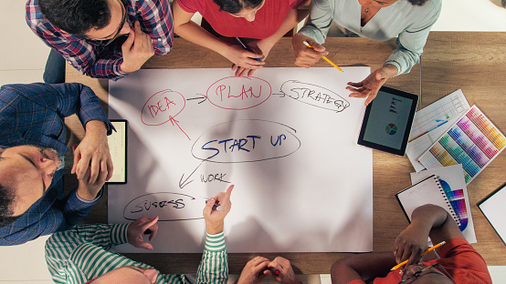 Directly above shot of diverse team of entrepreneurs sitting around a conference table, strategizing and brainstorming ideas for a business plan they are writing for a start up company.