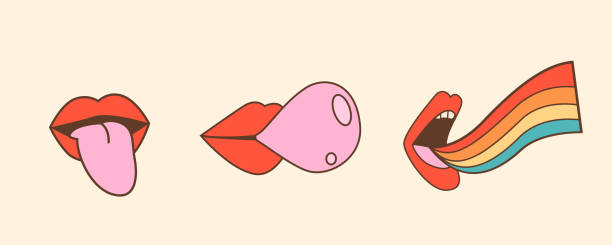 Mouth with tongue sticking out, lips blowing pink bubble gum and open mouth with rainbow. Various mimic emotions and facial expressions. Vector illustration in vintage retro style