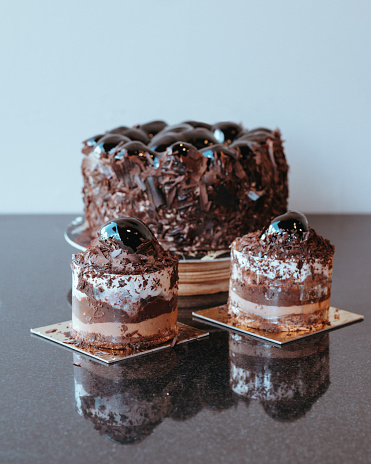 Three pieces of chocolate cake, Mini chocolate cakes, Chocolate Mousse Cakes