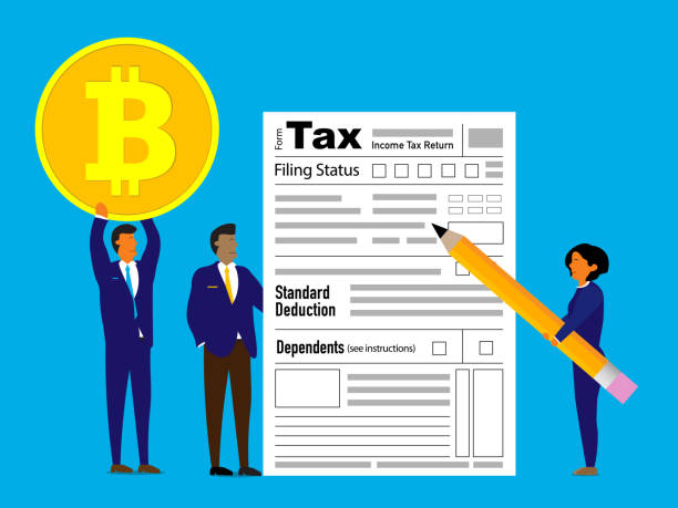 Bitcoin tax Accountants carry bitcoin, tax form and pencil. financial literacy vector stock illustrations
