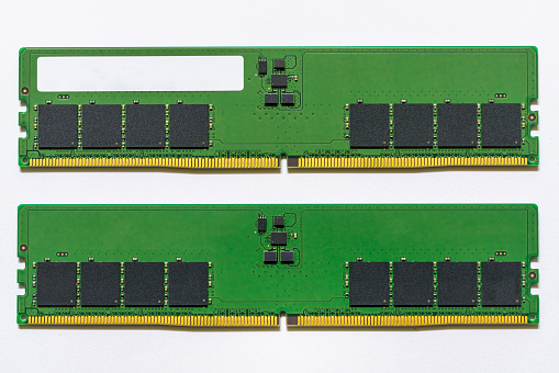 DDR5 RAM memory module on white background