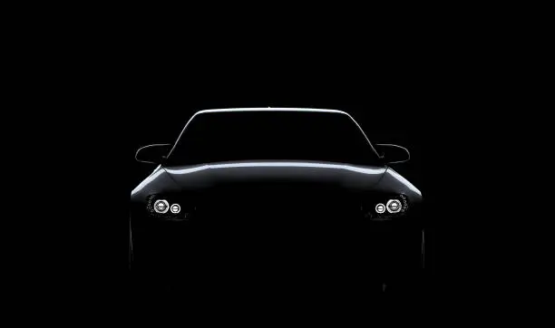 black generic sports sedan, silhouette on black background, photorealistic render 3D, car of my own design, legal useage.