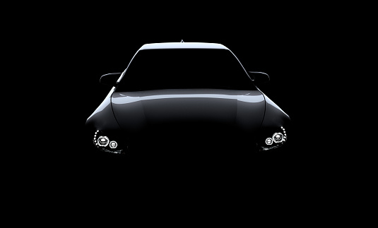 black generic sports sedan, silhouette on black background, photorealistic render 3D, car of my own design, legal useage.