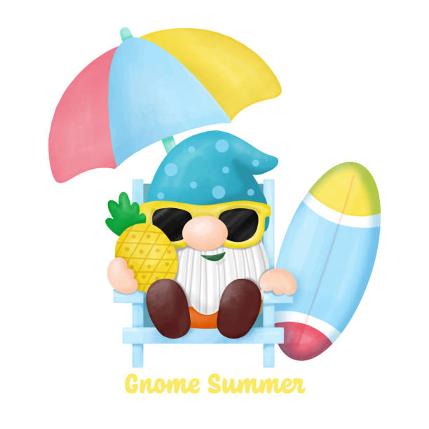 illustrations, cliparts, dessins animés et icônes de aquarelle gnomes summer beach clipart, png peinture numérique - party hat drink cocktail illustration and painting