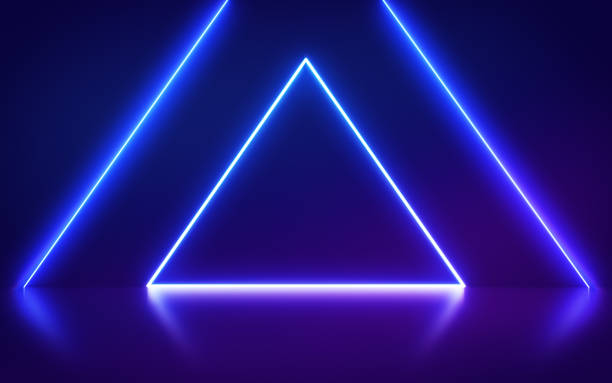 istock Neon triangular portal on abstract fashion background, glowing lines, triangle, Virtual reality, violet neon lights, Laser show. 1390787945