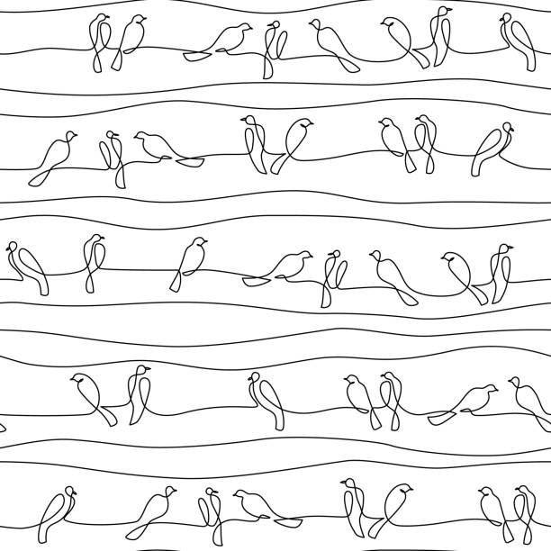 Abstract birds on branches seamless pattern in continuous one line drawing style. Abstract birds on branches seamless pattern in continuous one line drawing style. Birds on wire background in black and white, modern vector illustration for textile, fabric, wallpaper continuous line drawing bird stock illustrations