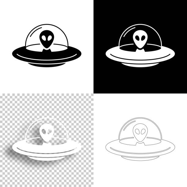 illustrazioni stock, clip art, cartoni animati e icone di tendenza di ufo - disco volante con alieno. icona per il design. sfondi vuoti, bianchi e neri - icona a forma di linea - alien mystery space military invasion