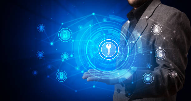 istock Young person holding hologram security symbols 1390791260