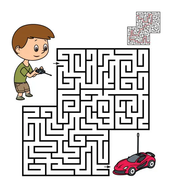 Vector illustration of Maze, Boy and Remote Car