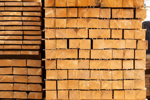 Stack of new wooden studs at the lumber yard