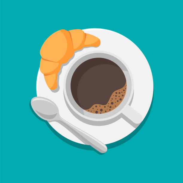 ilustraciones, imágenes clip art, dibujos animados e iconos de stock de taza de café con croissant y cuchara icono. ilustración vectorial. - chocolate cocoa hot chocolate backgrounds