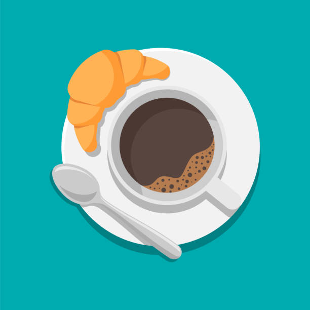 illustrations, cliparts, dessins animés et icônes de tasse de café avec croissant et icône de cuillère. illustration vectorielle. - cafe breakfast coffee croissant