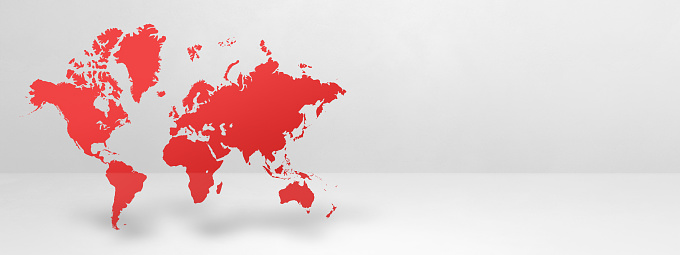 Red world map isolated on white wall background. 3D illustration. Horizontal banner