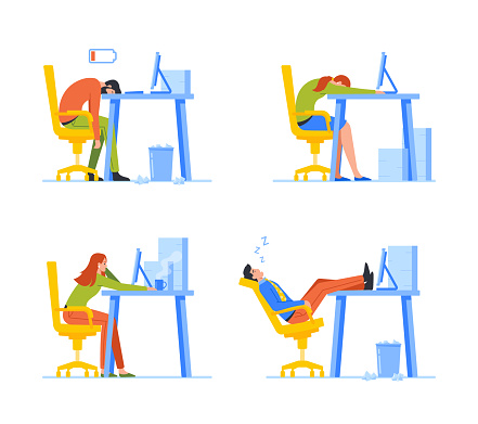 Set of Exhausted Workers Overload, Stress and Tiredness. Professional Burnout Syndrome. Stressed Managers Business Characters Work Sitting at Table with Head Down. Cartoon People Vector Illustration